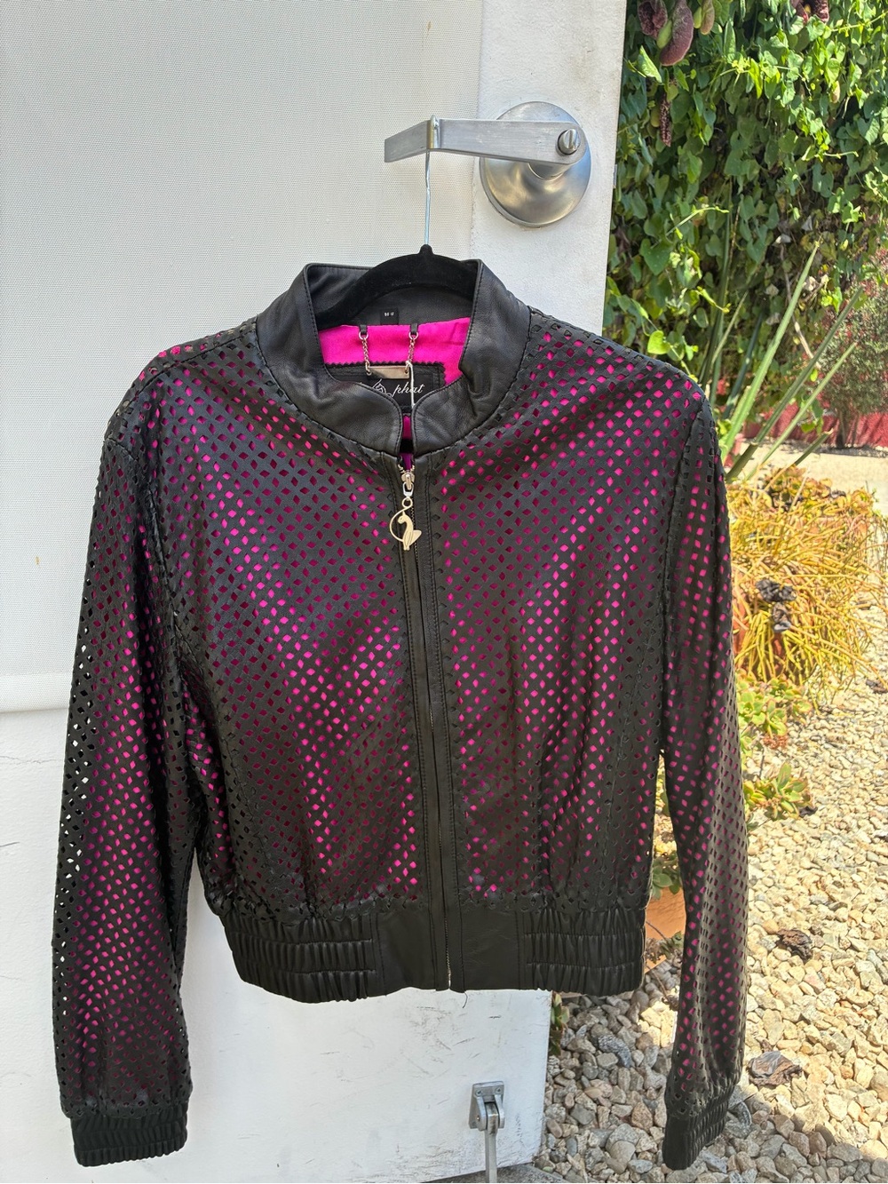 Baby Phat Vintahe Black Perforated Bomber Jacket with Pink Lining